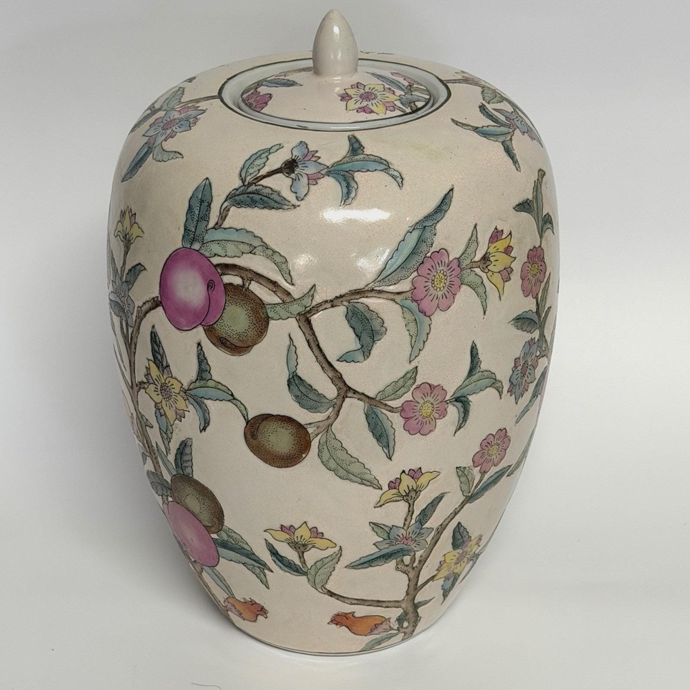Vintage WBI Ginger Jar Floral Fruit Peach Crackle Glaze Chinoiserie Mid Century